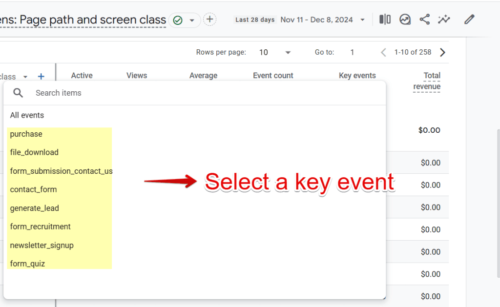 Selecting a key event