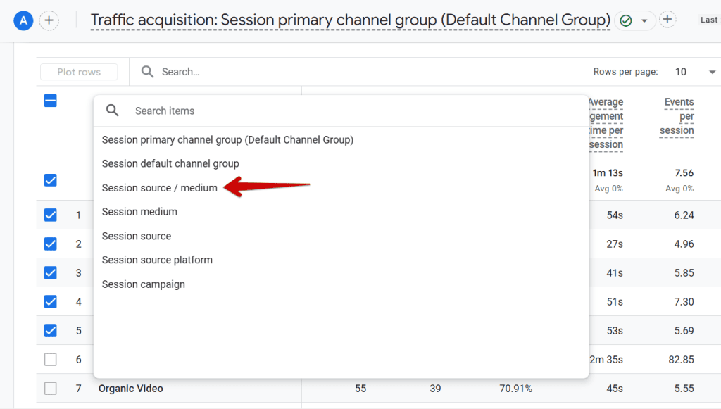 Selecting the session source and medium dimension