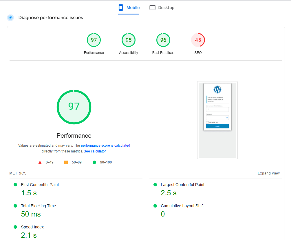 Site speed performance report