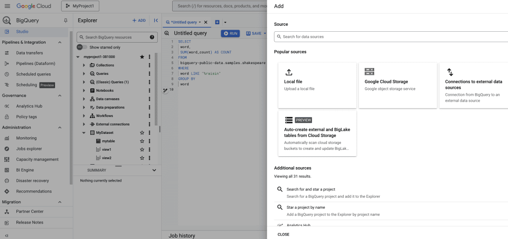 BigQuery interface