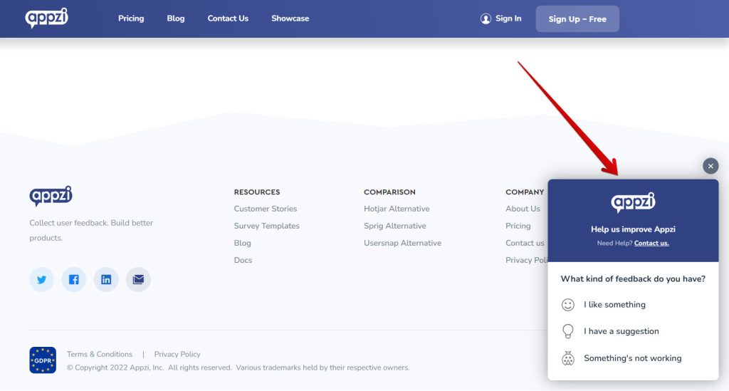 Feedback widget example from Appzi